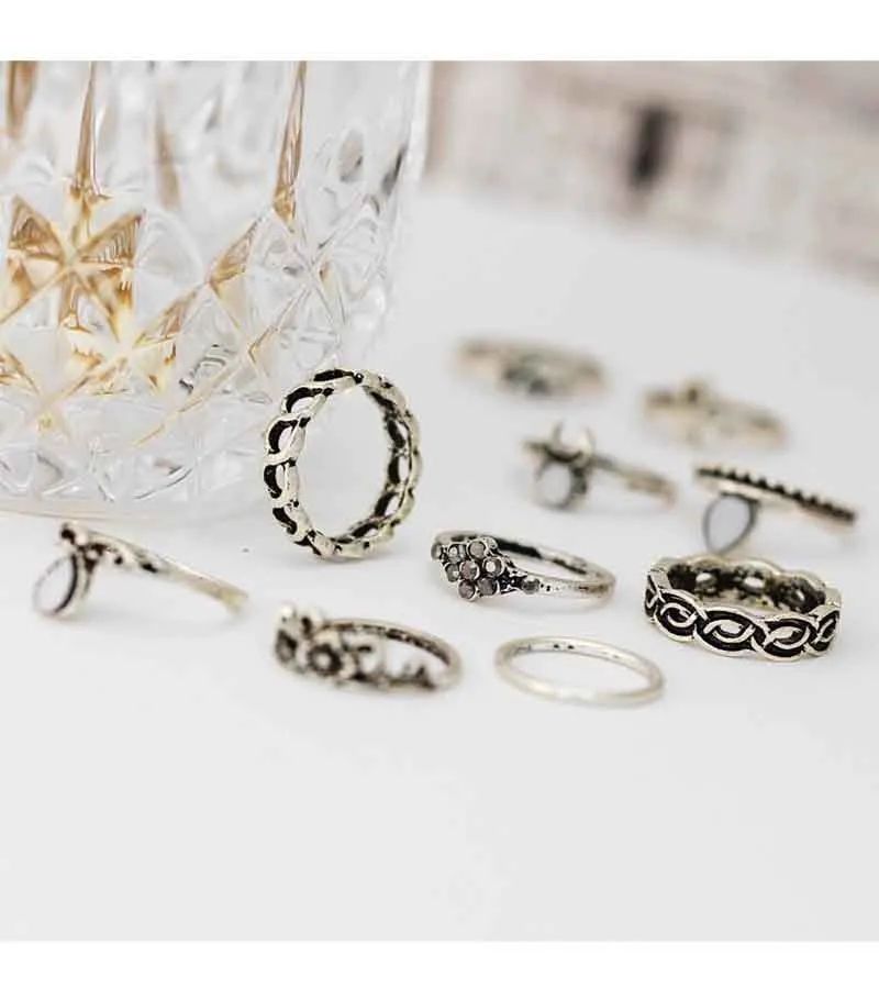 Set of 10 Oxidised Silver Midi Ring for Women
