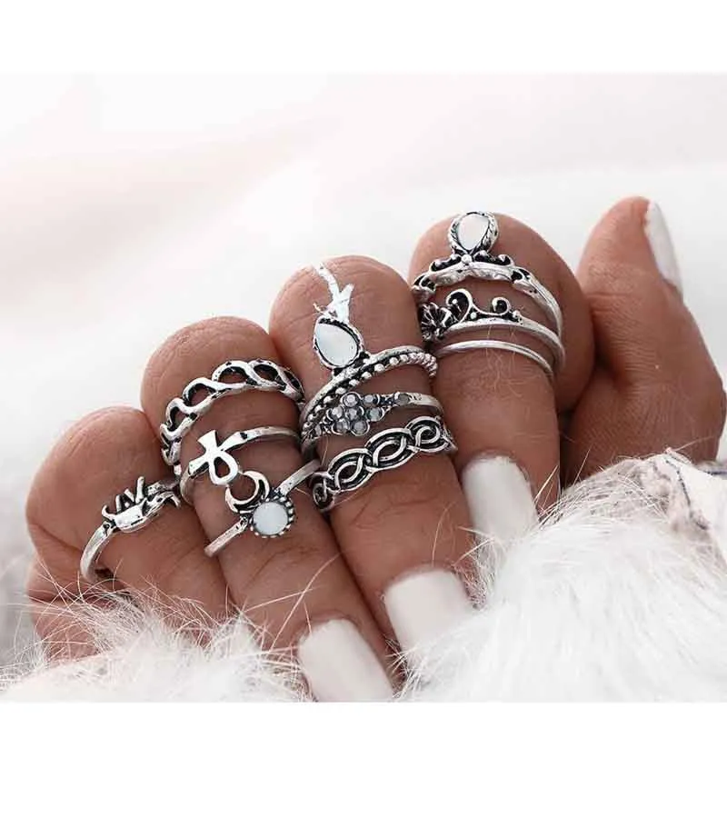 Set of 10 Oxidised Silver Midi Ring for Women
