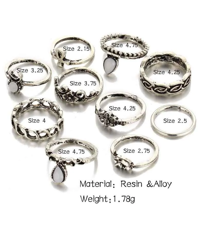 Set of 10 Oxidised Silver Midi Ring for Women