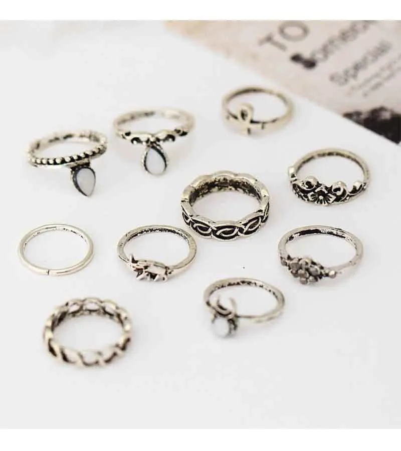 Set of 10 Oxidised Silver Midi Ring for Women