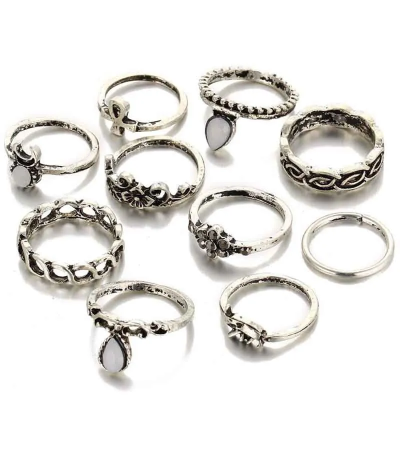 Set of 10 Oxidised Silver Midi Ring for Women