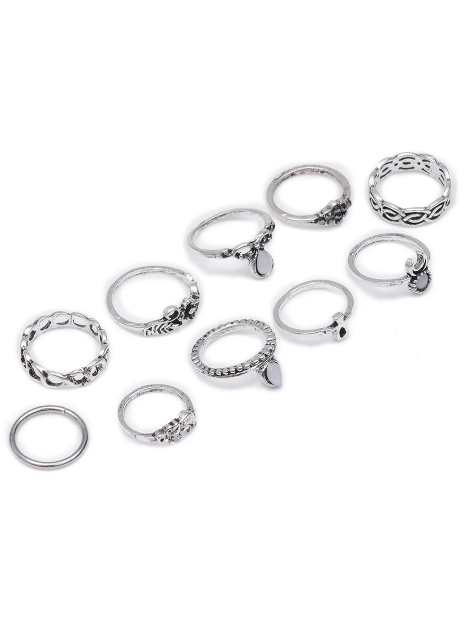 Set of 10 Oxidised Silver Midi Ring for Women