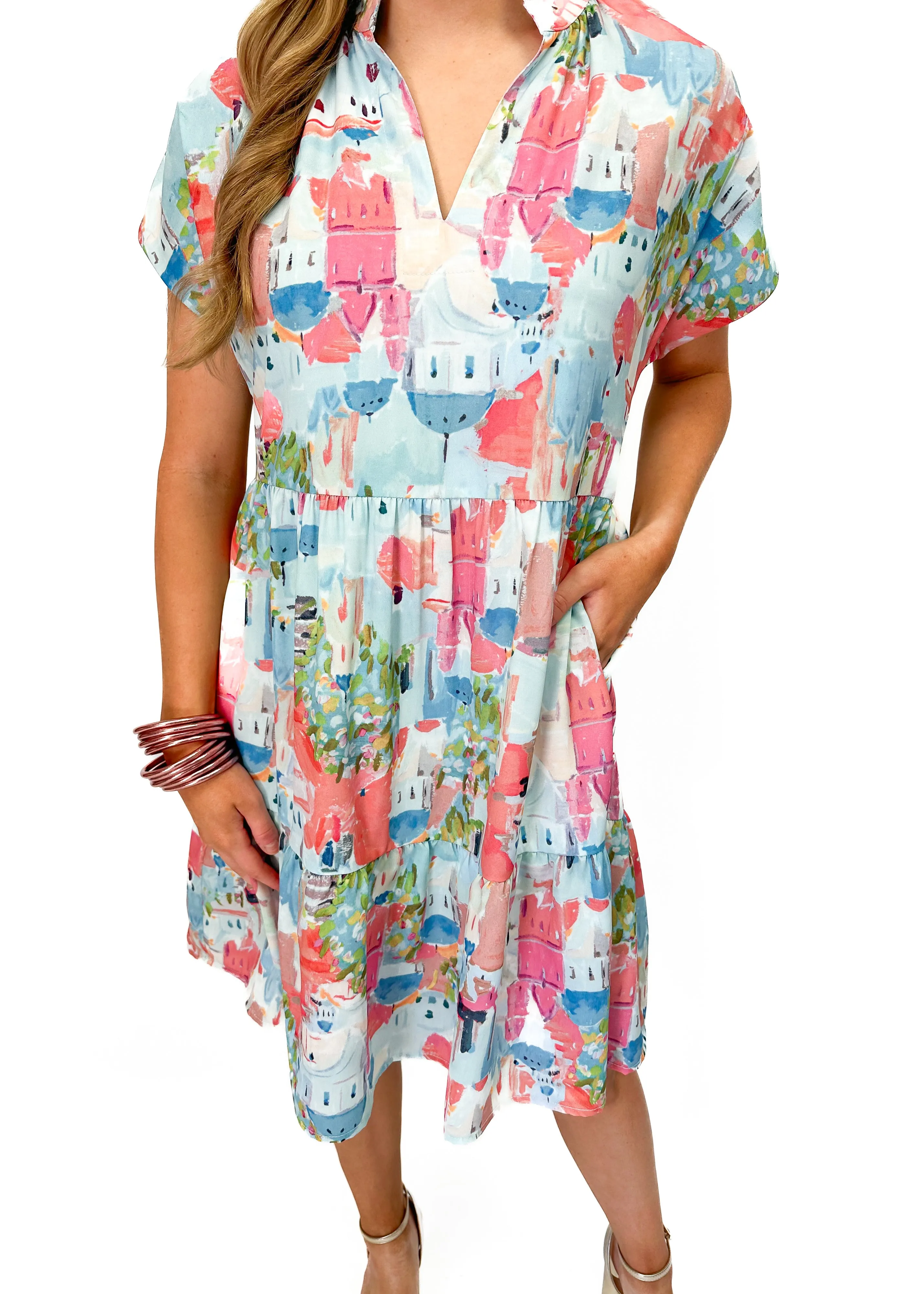 Short Sleeve Tiered Printed Dress - Light Blue