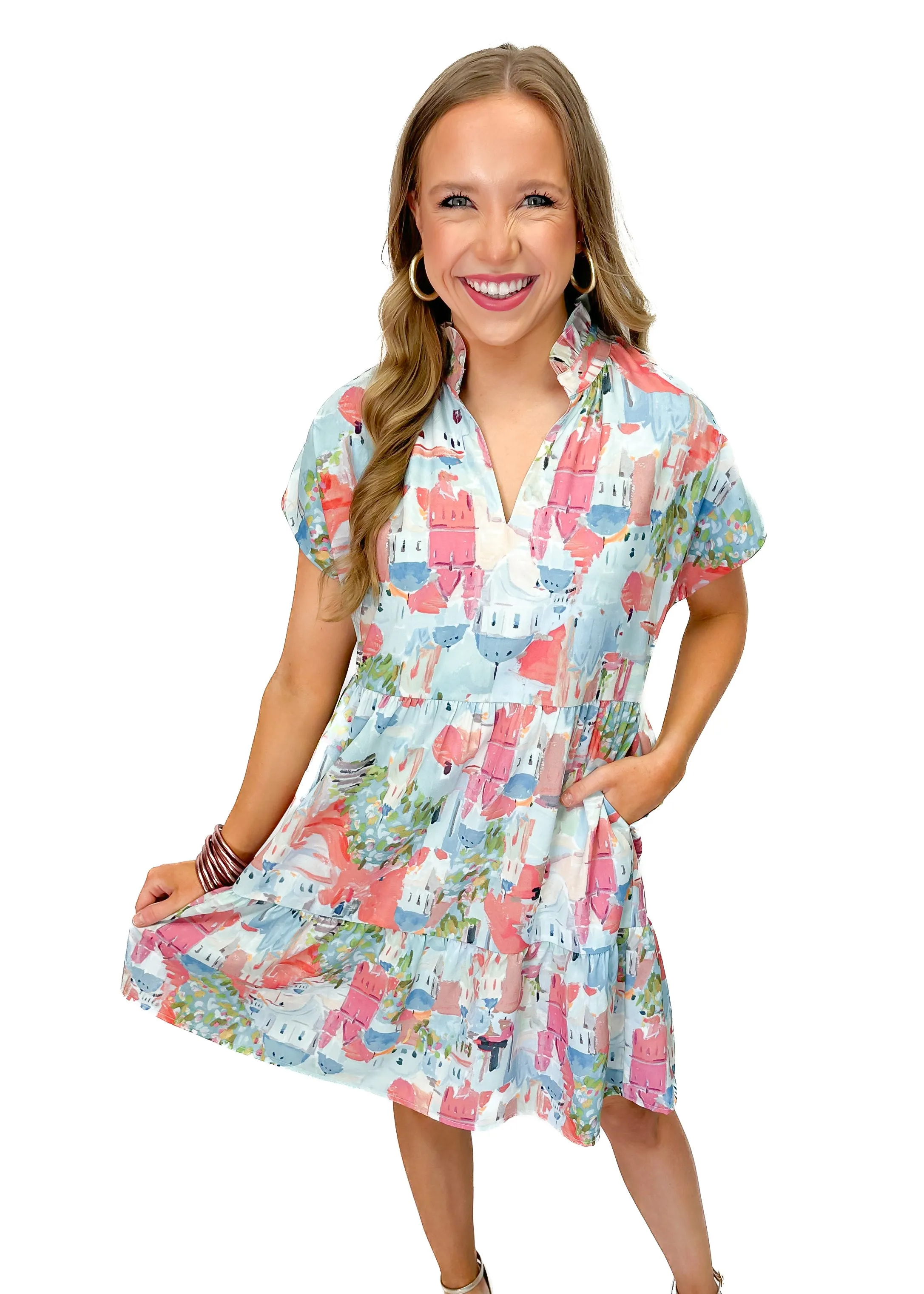 Short Sleeve Tiered Printed Dress - Light Blue