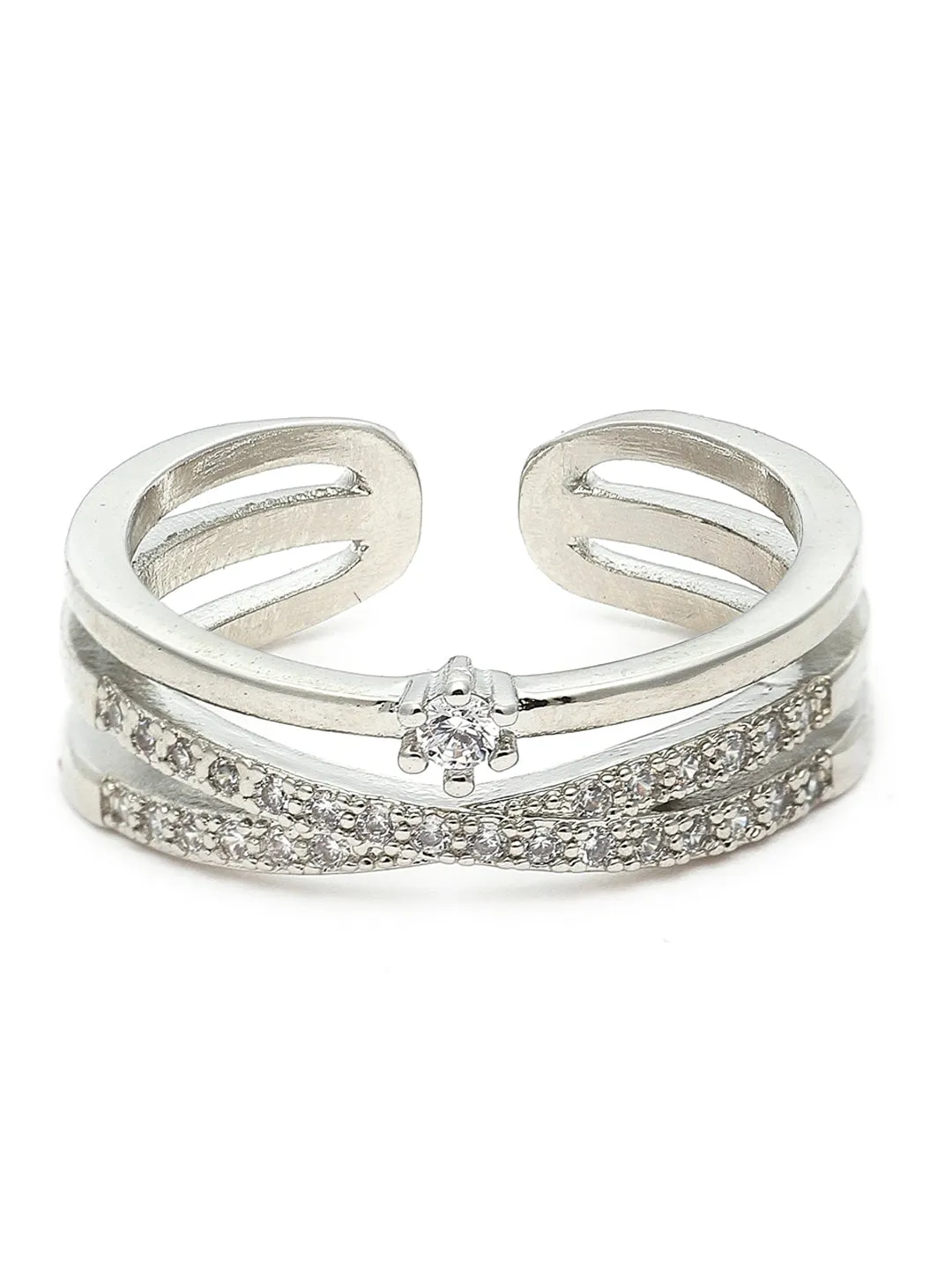 Silver-Plated & White AD-Studded Adjustable Finger Ring