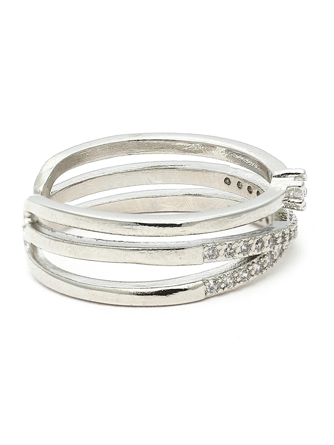 Silver-Plated & White AD-Studded Adjustable Finger Ring
