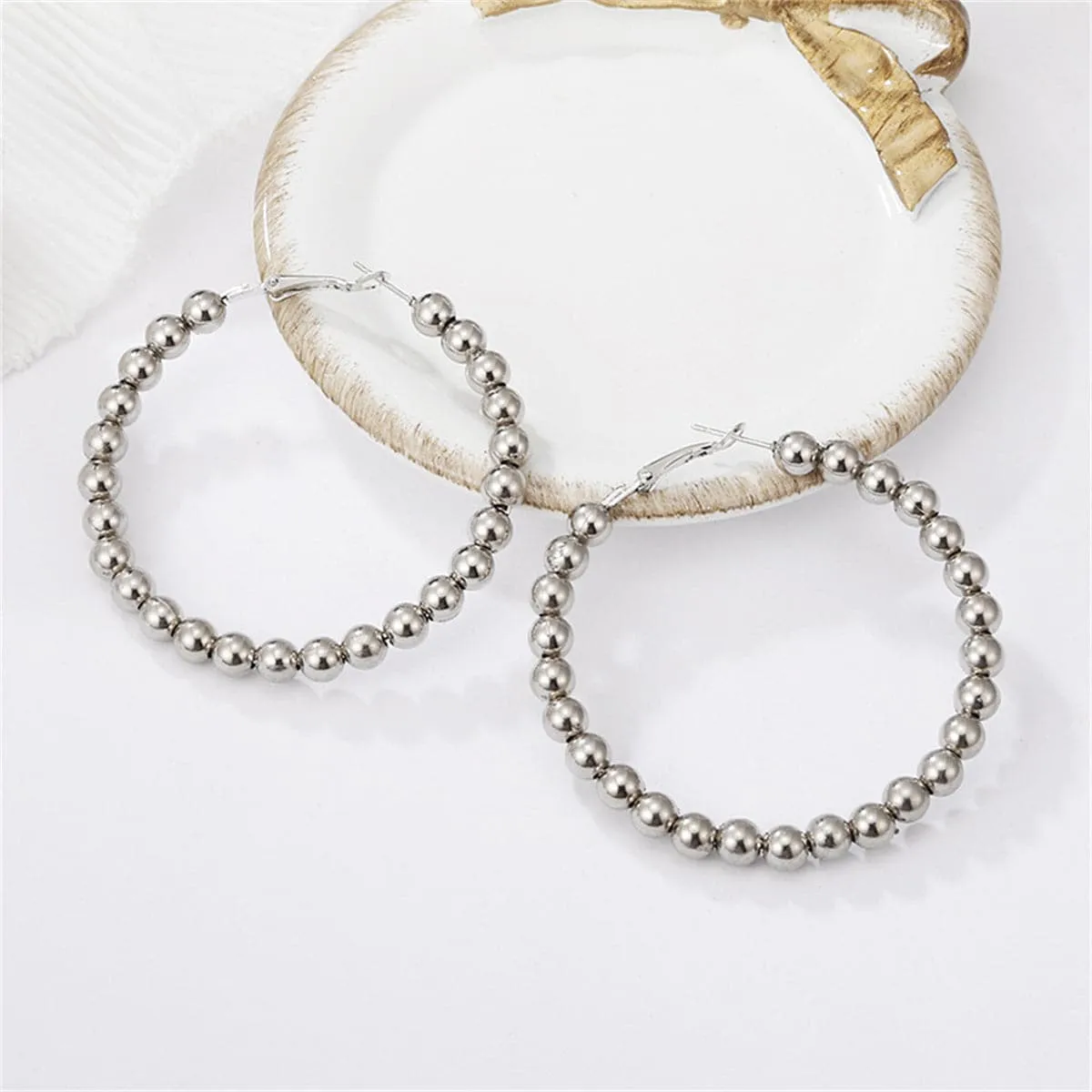 Silver-Plated Beaded Hoop Earrings