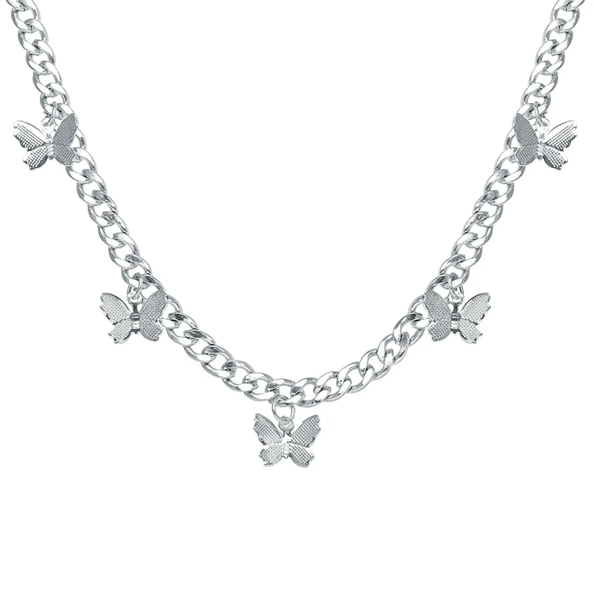 Silver-Plated Curb Chain Butterfly Station Choker Necklace