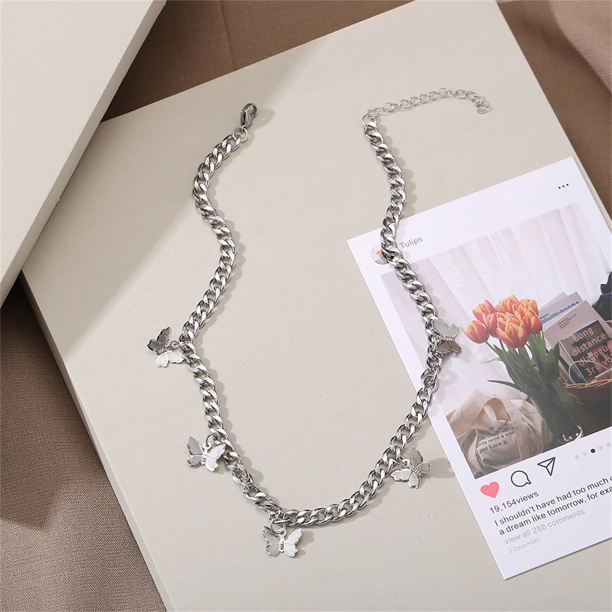 Silver-Plated Curb Chain Butterfly Station Choker Necklace