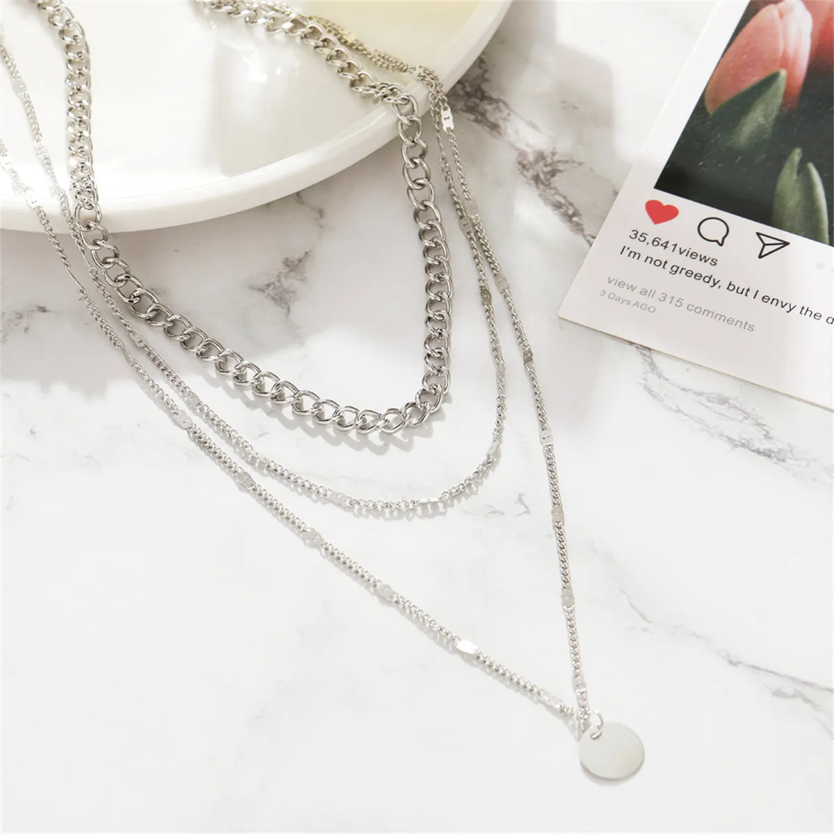 Silver-Plated Curb Chain Layered Pendant Necklace
