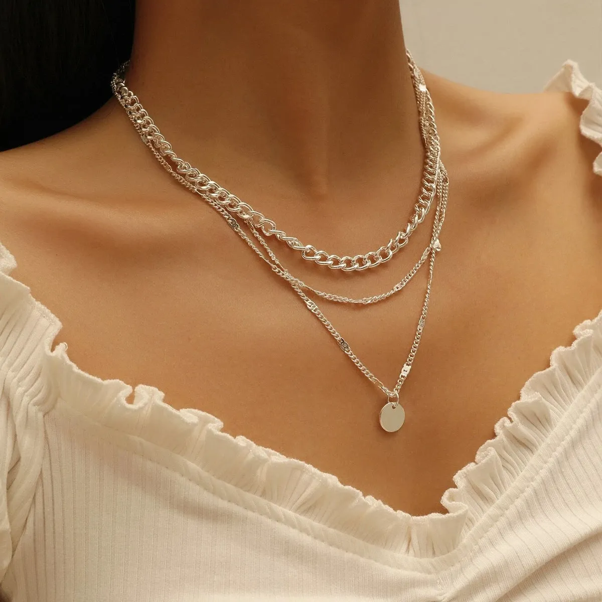 Silver-Plated Curb Chain Layered Pendant Necklace