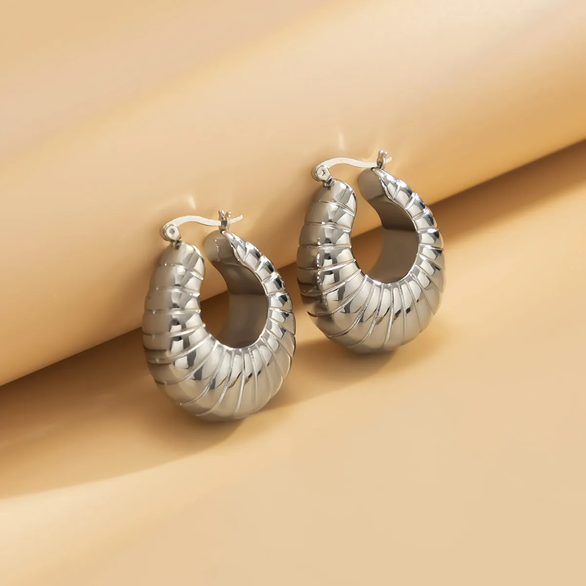 Silver-Plated Ribbed U-Shape Drop Earrings