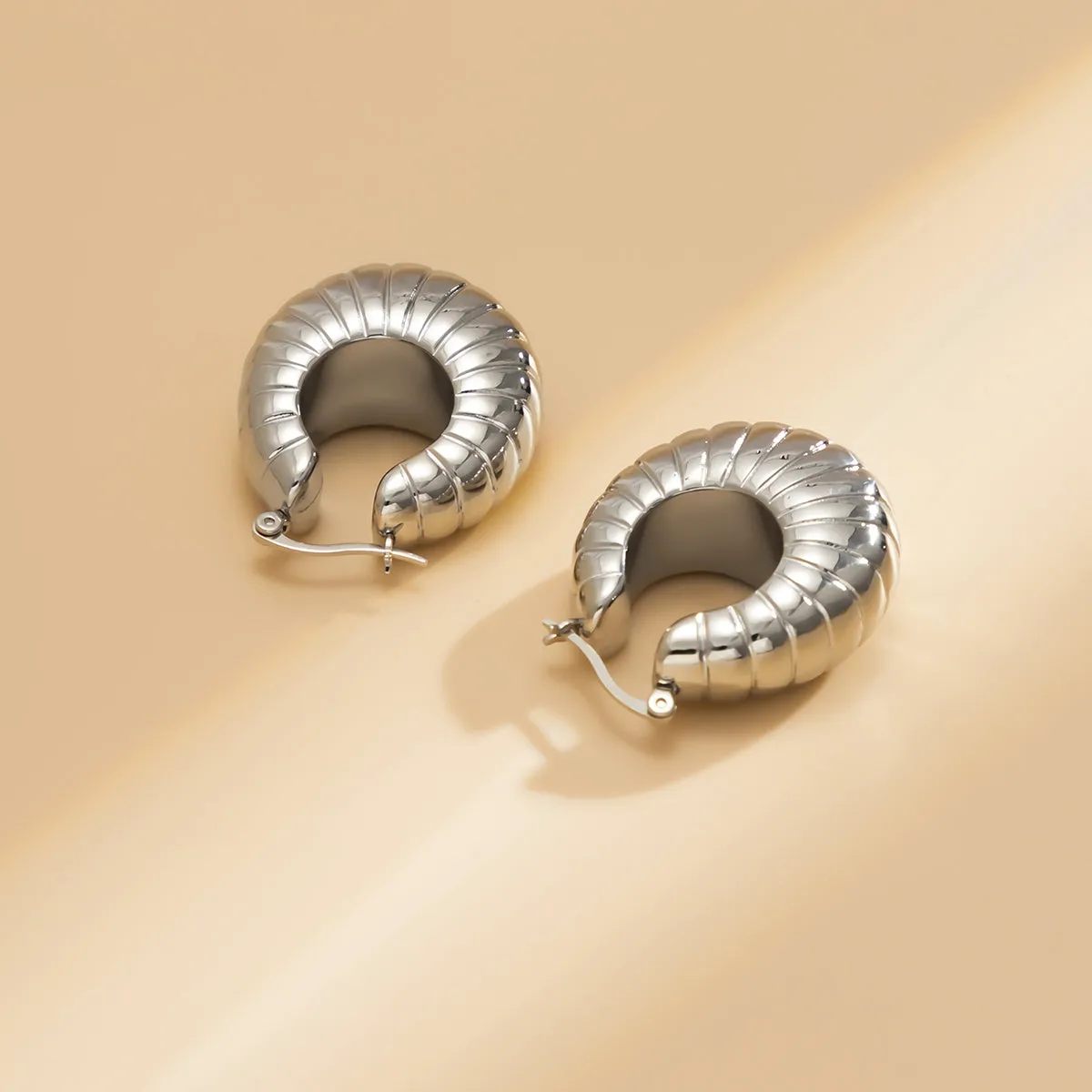 Silver-Plated Ribbed U-Shape Drop Earrings