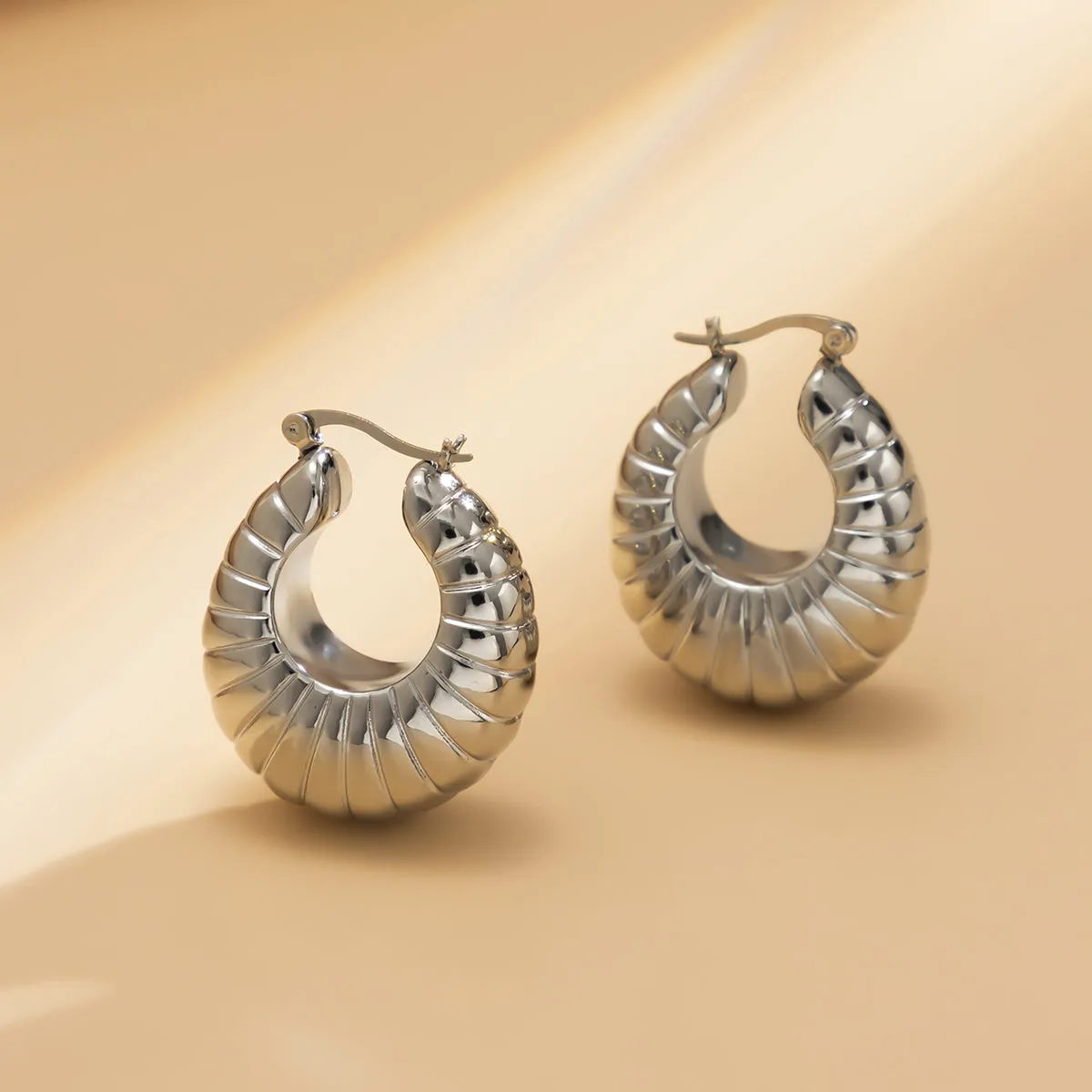 Silver-Plated Ribbed U-Shape Drop Earrings