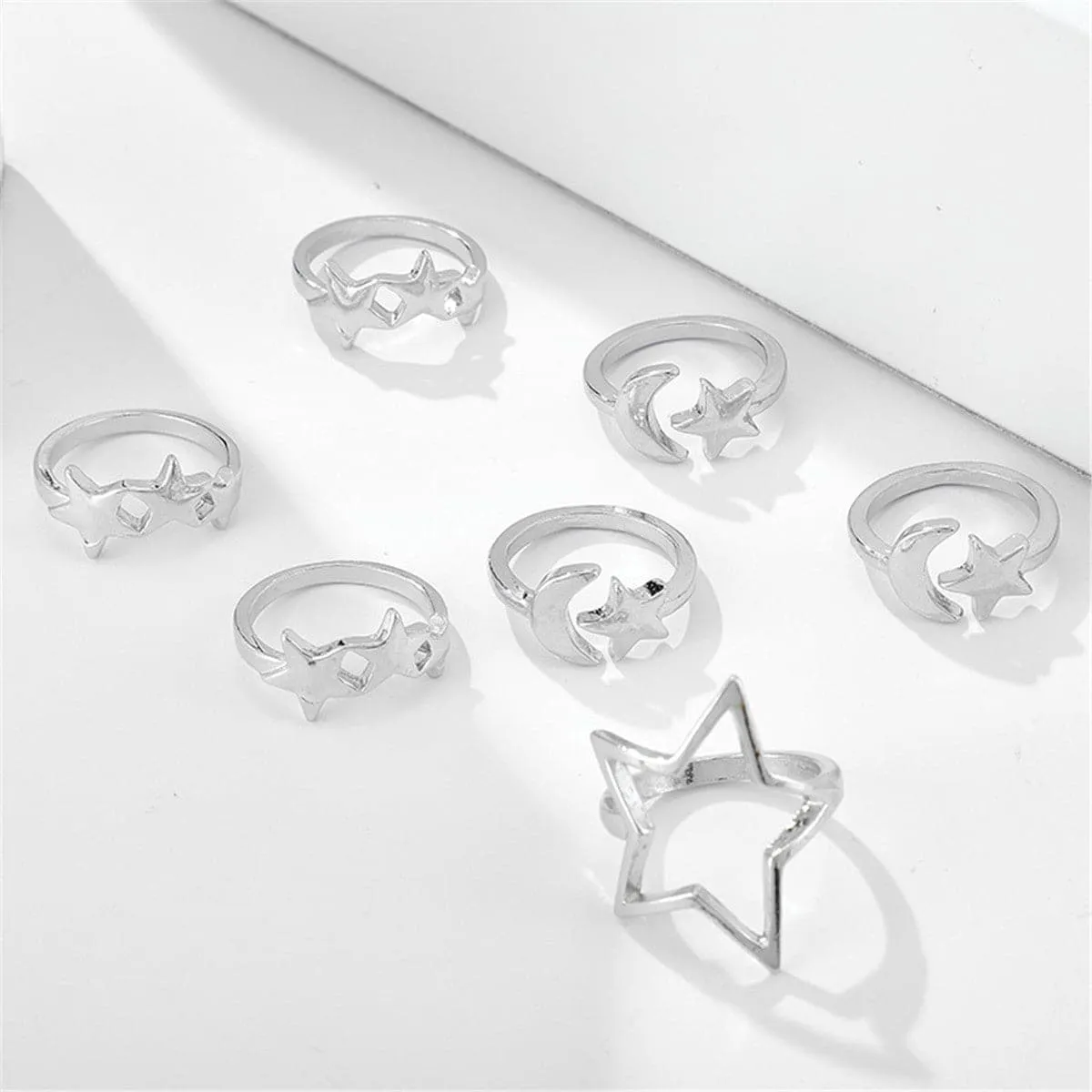 Silver-Plated Star & Moon Stackable Ring Set
