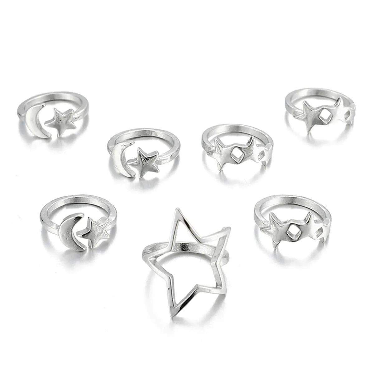 Silver-Plated Star & Moon Stackable Ring Set