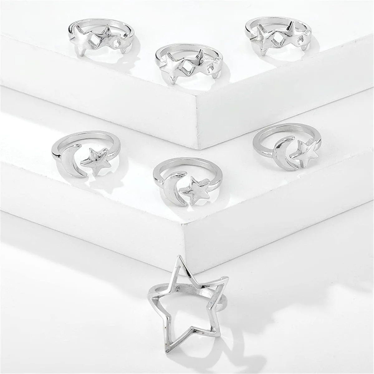 Silver-Plated Star & Moon Stackable Ring Set