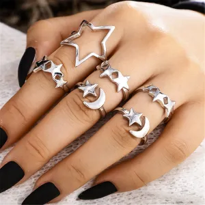 Silver-Plated Star & Moon Stackable Ring Set