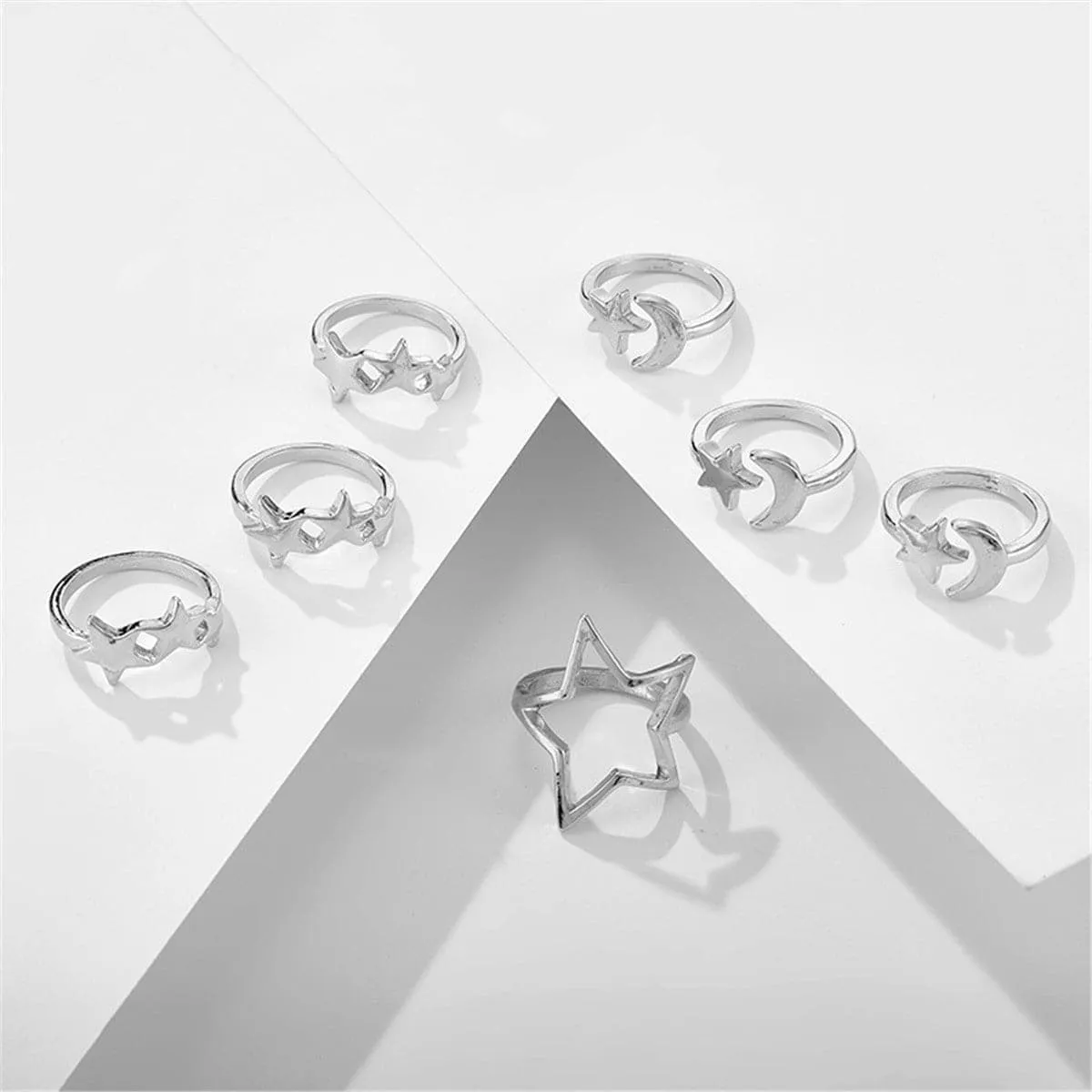 Silver-Plated Star & Moon Stackable Ring Set