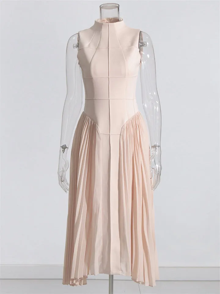 Simple Stand Collar Sleeveless Patchwork Pleated Midi Dress for Lady