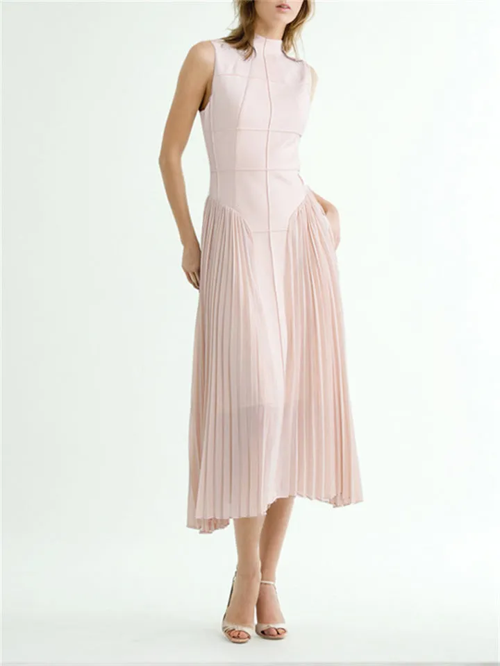 Simple Stand Collar Sleeveless Patchwork Pleated Midi Dress for Lady