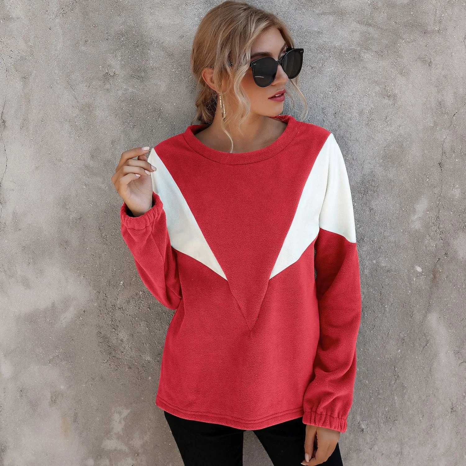 Simple V-Shaped Crew Neck Long Sleeve Sweater