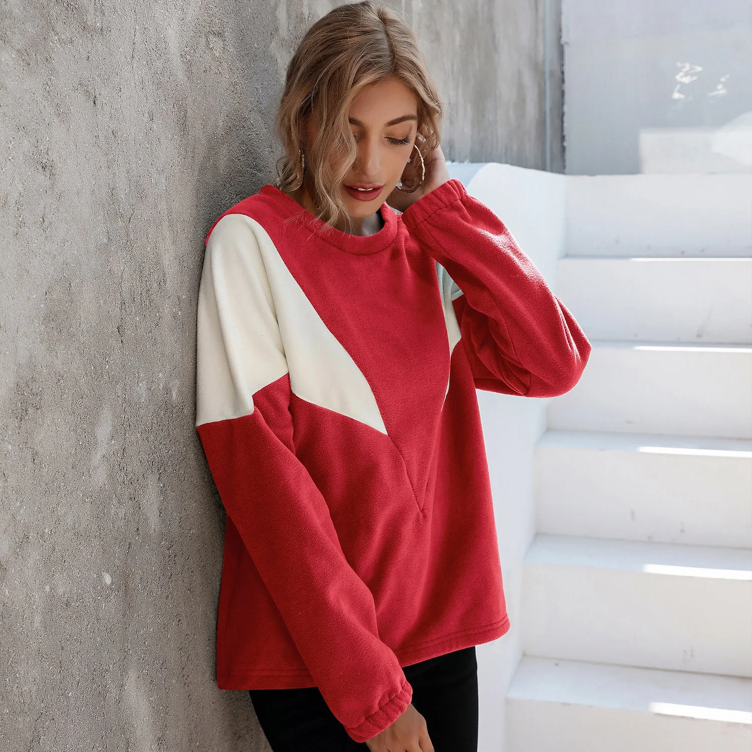 Simple V-Shaped Crew Neck Long Sleeve Sweater
