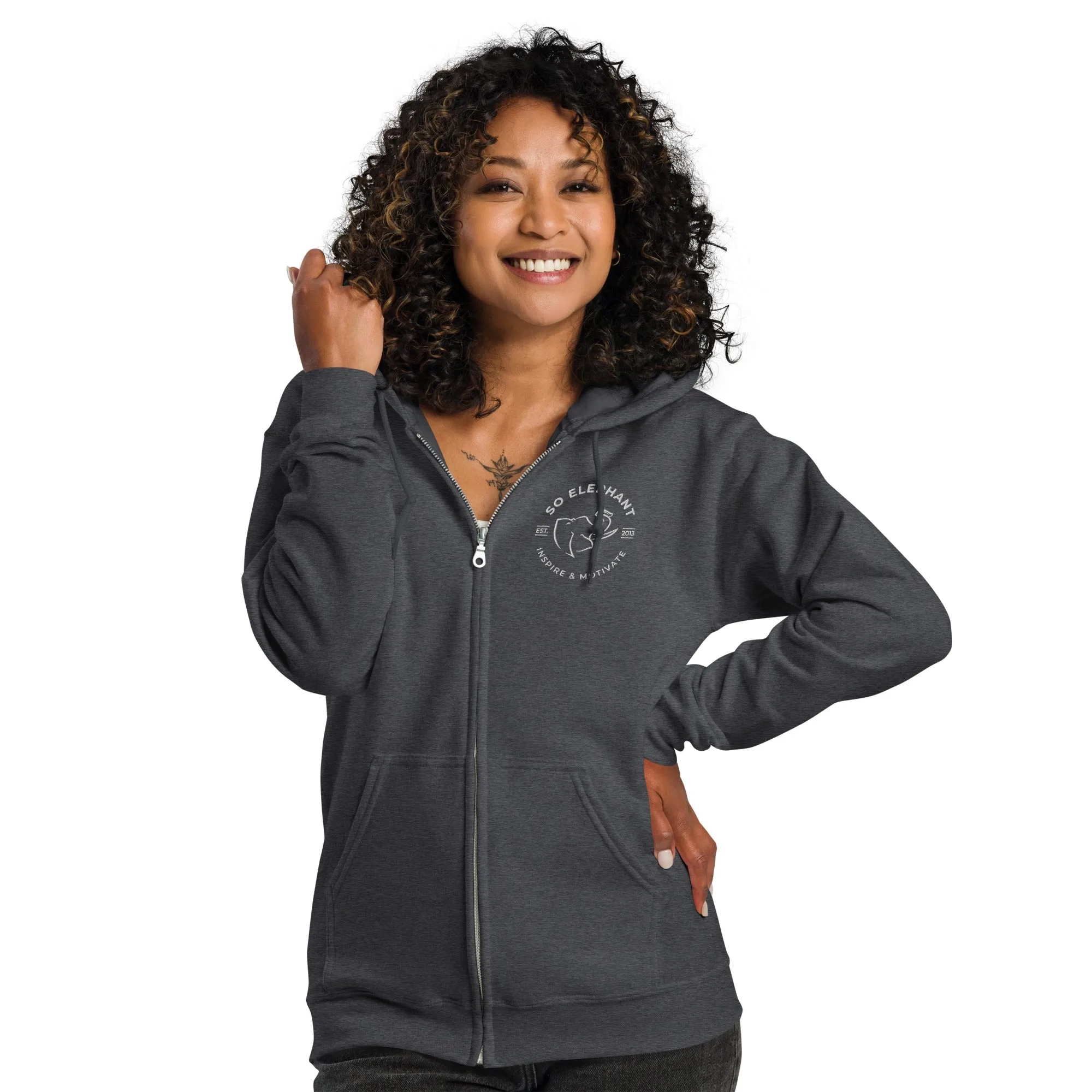 SO ELEPHANT WOMEN'S "INSPIRE & MOTIVATE 2" ZIP UP HEAVY BLEND/ EMBROIDERED FRONT