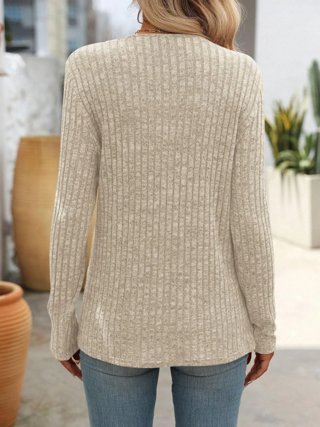 Square Neck Decorative Button Long Sleeve Shirt