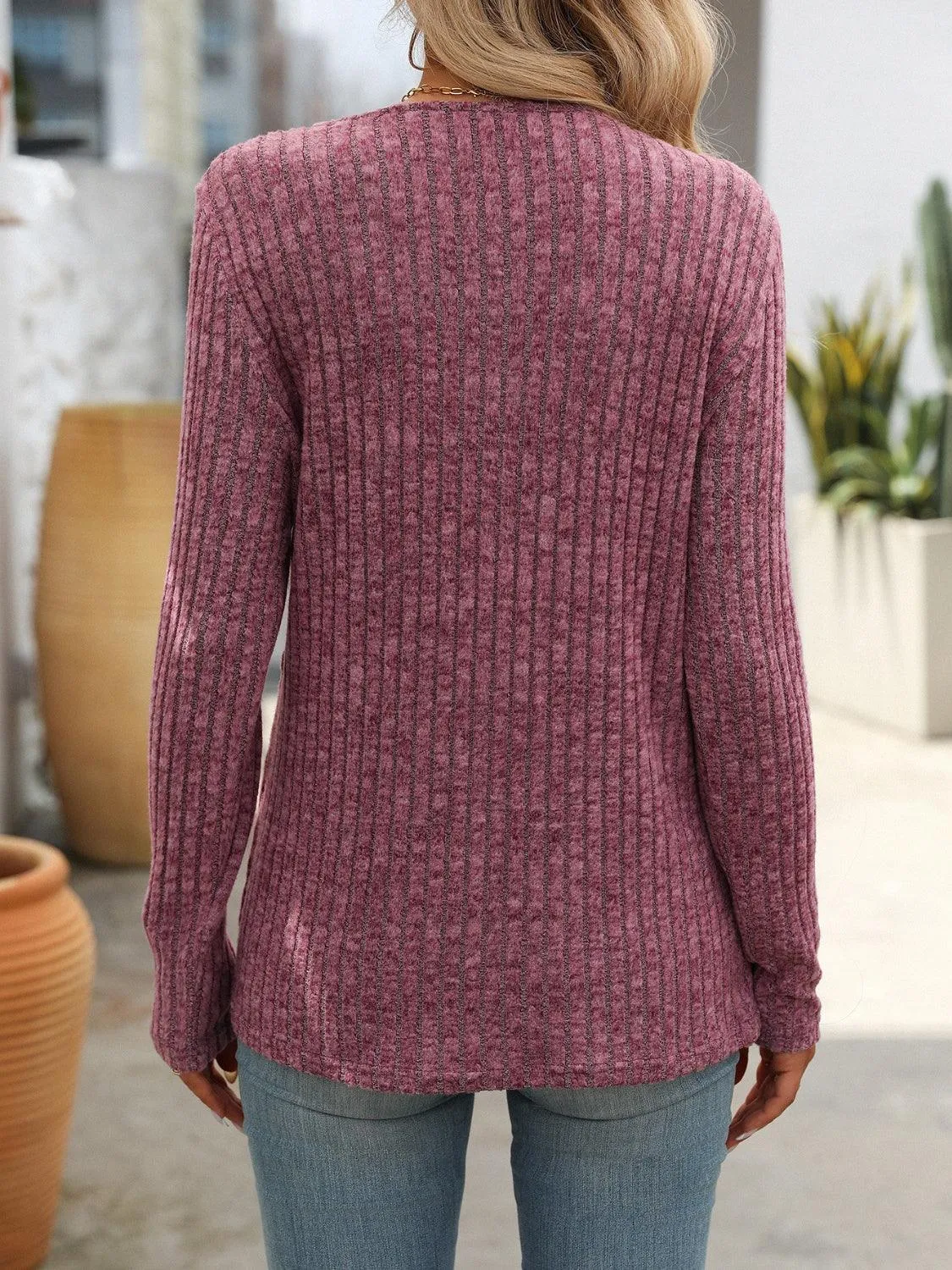 Square Neck Decorative Button Long Sleeve Shirt