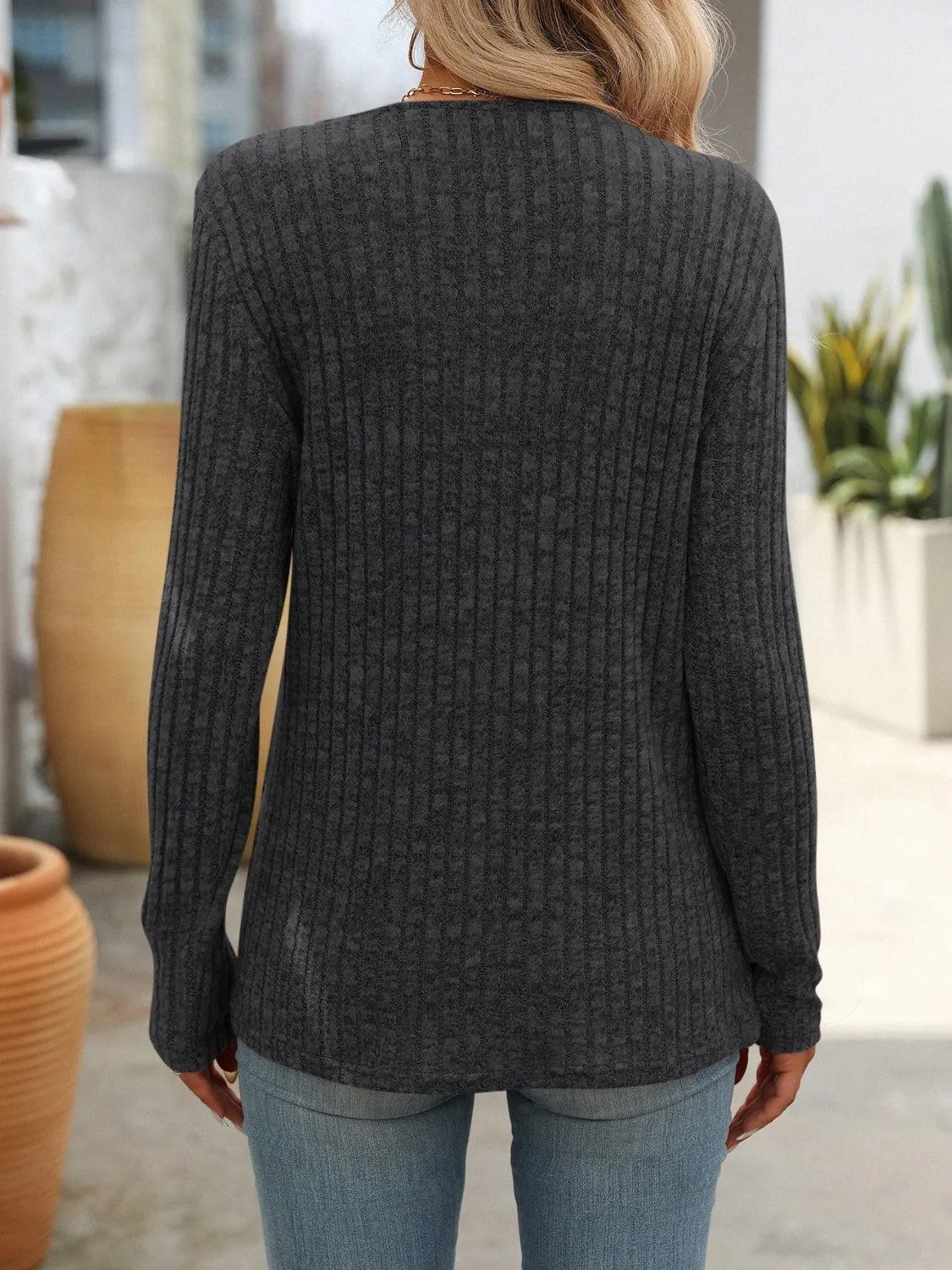 Square Neck Decorative Button Long Sleeve Shirt