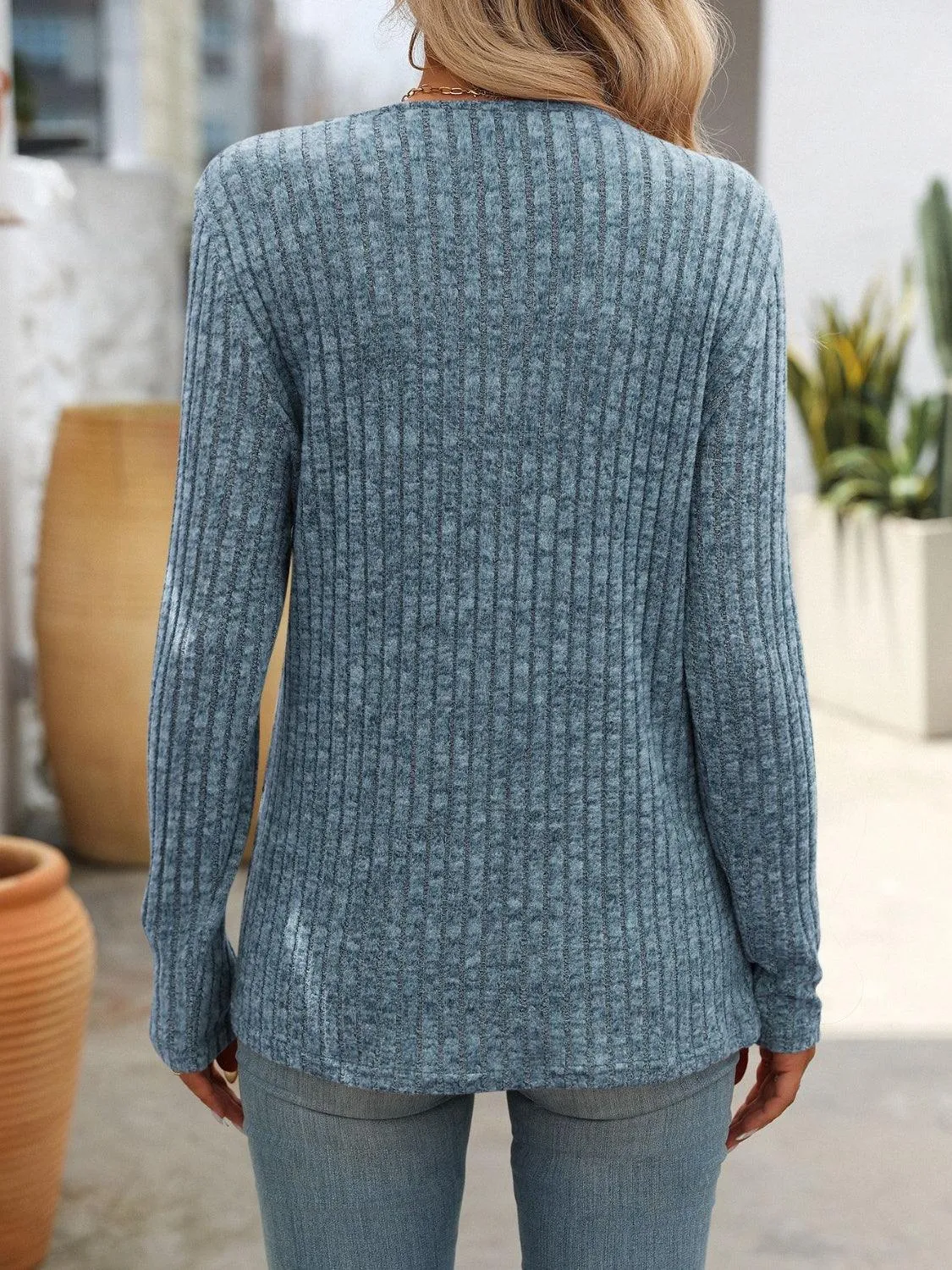 Square Neck Decorative Button Long Sleeve Shirt