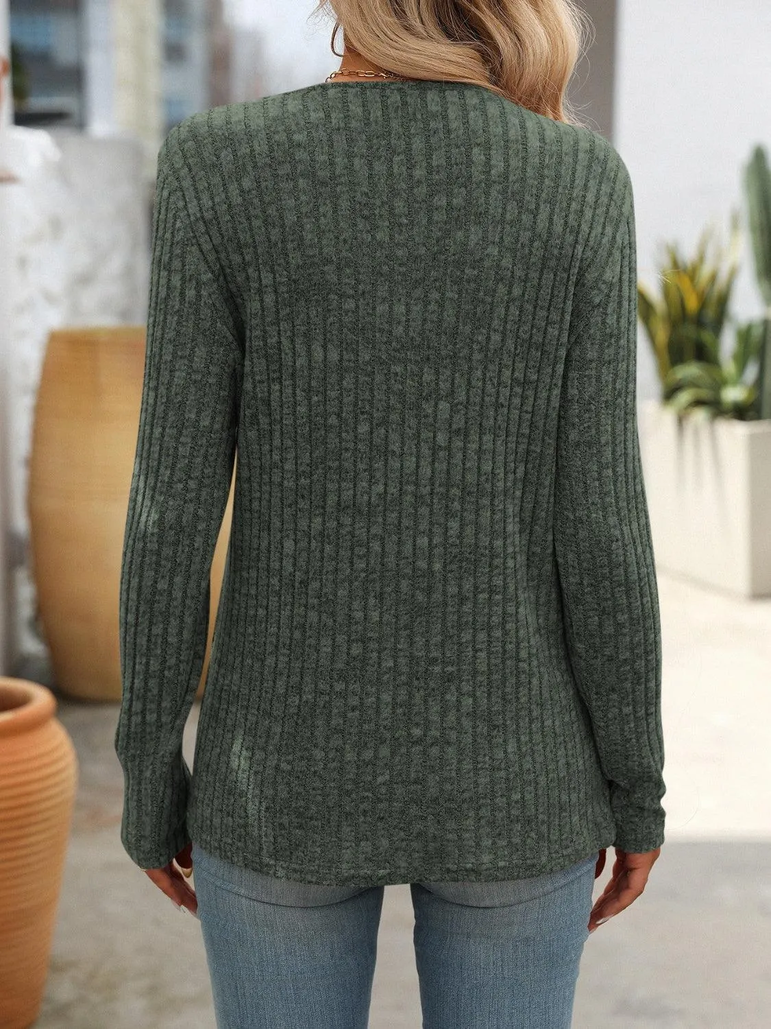 Square Neck Decorative Button Long Sleeve Shirt