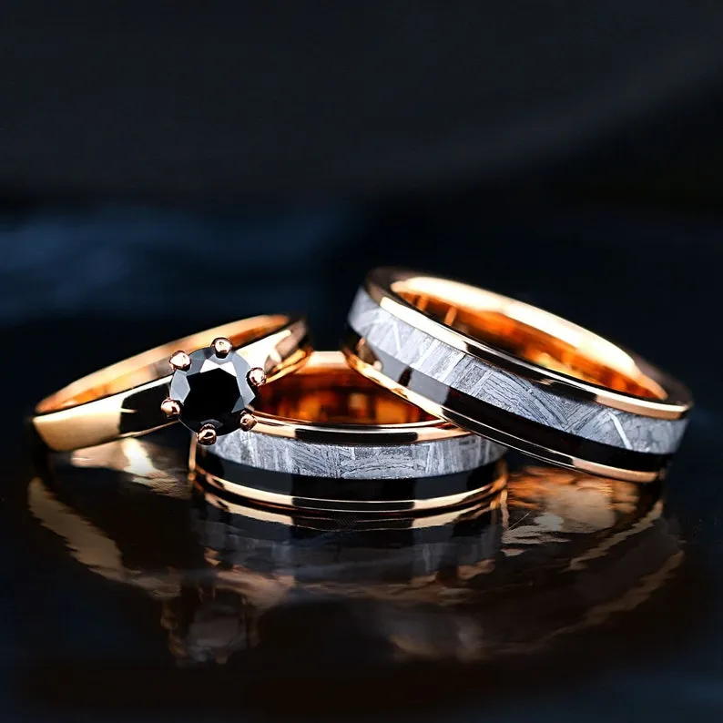 Stellar Union Meteorite Set - Engagement Wedding Ring Set | Meteorite Engagement Ring | Unique Wedding Band for Man and Woman