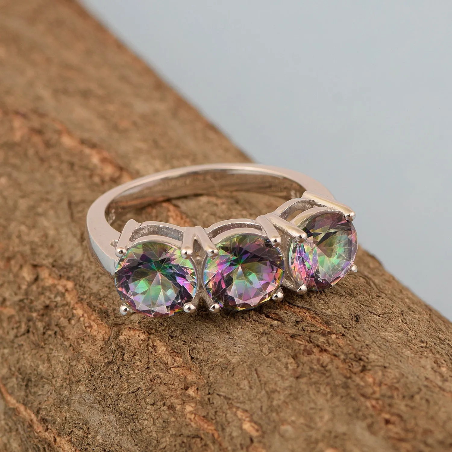 Sterling Silver Natural Mystic Topaz 3.55 Ctw Women's 3-Stone Design Ring