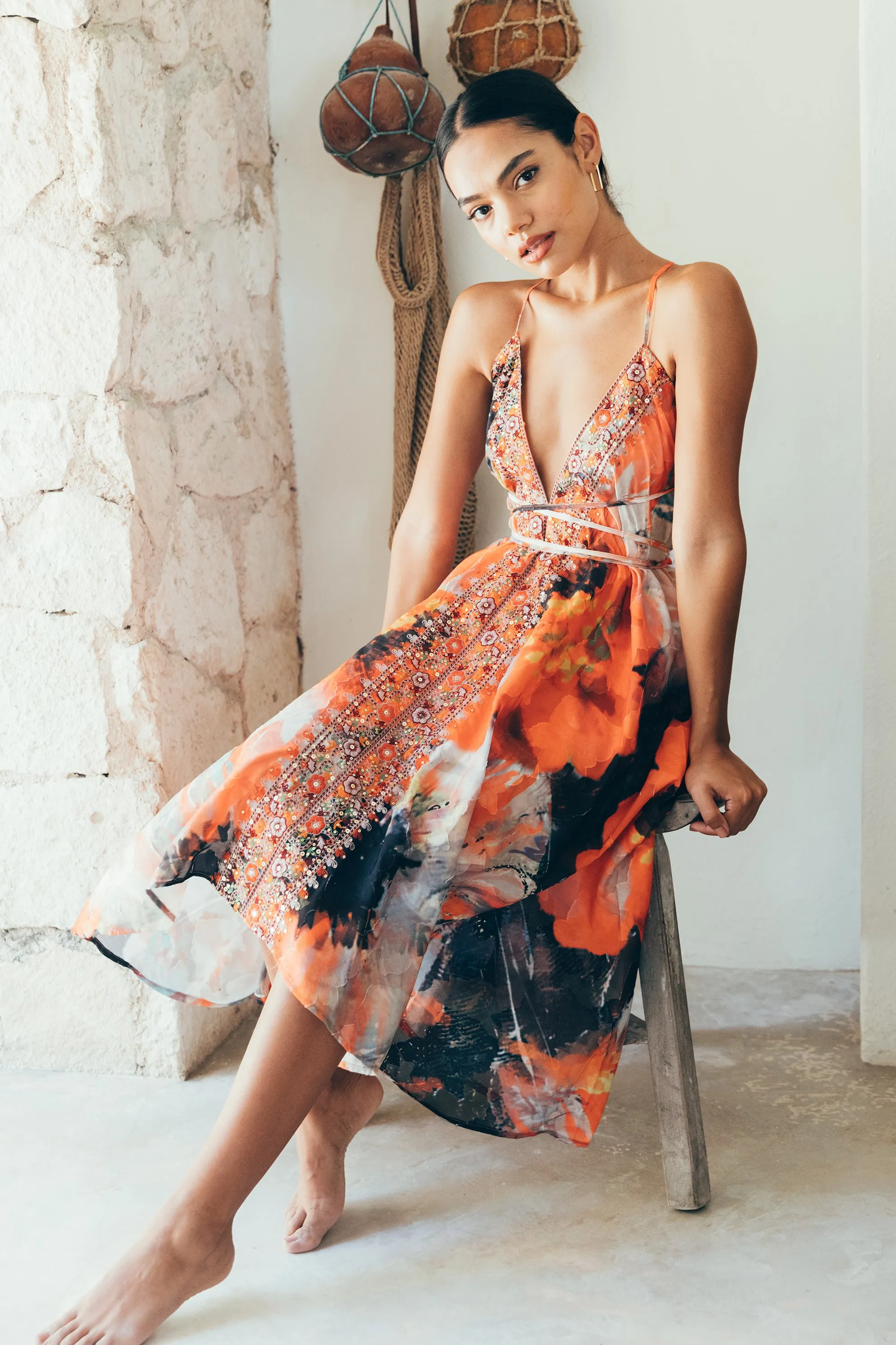 SukiSo Women's Aura V-Neck Boho Dress in Fire Floral
