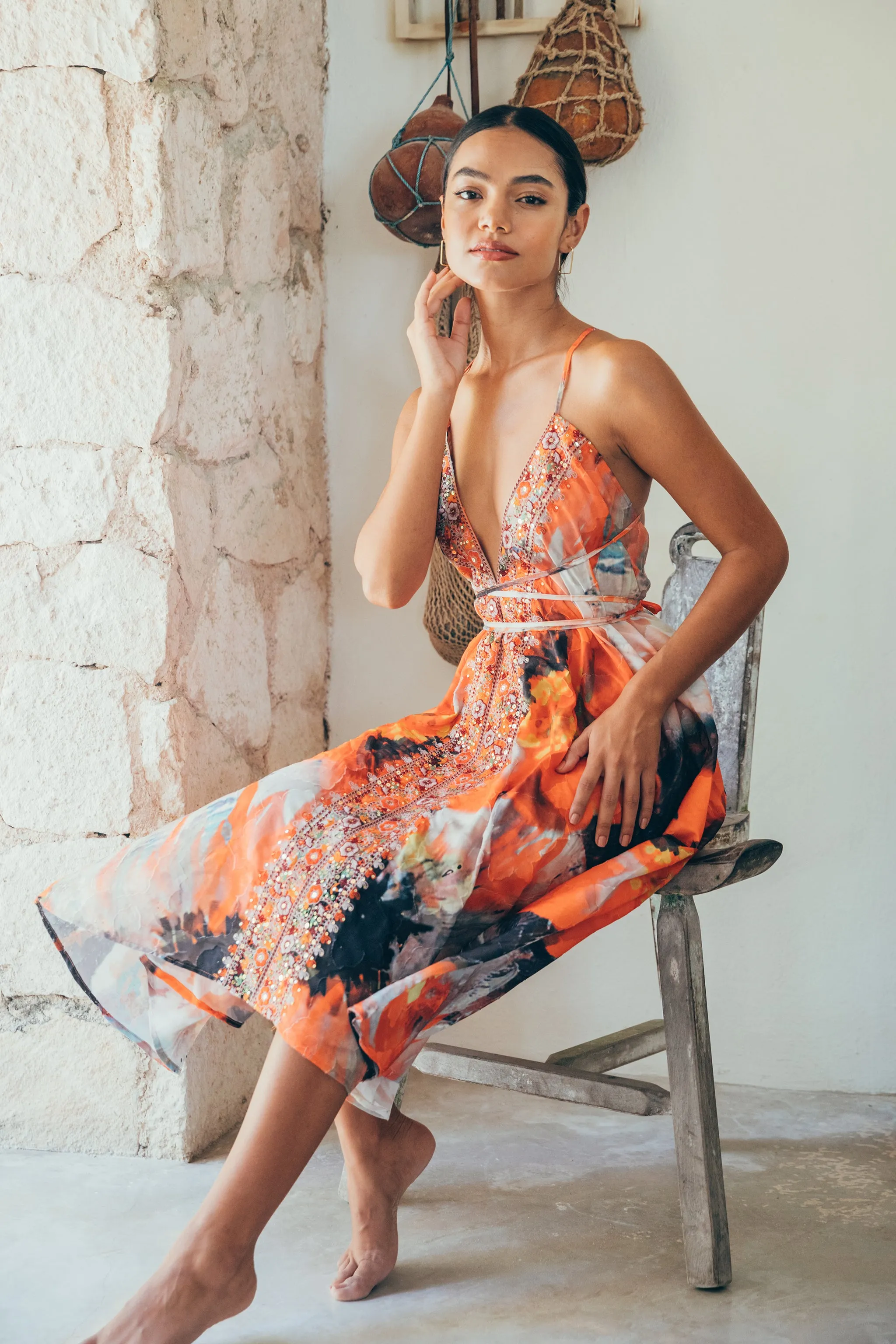 SukiSo Women's Aura V-Neck Boho Dress in Fire Floral