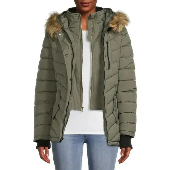 Swiss Tech Women's Small Green Puffer Coat Faux Fur Hood Winter Jacket