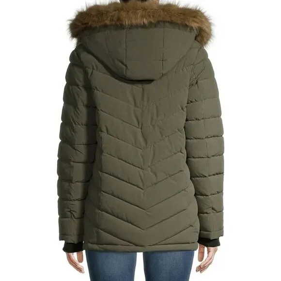 Swiss Tech Women's Small Green Puffer Coat Faux Fur Hood Winter Jacket