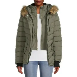 Swiss Tech Women's Small Green Puffer Coat Faux Fur Hood Winter Jacket
