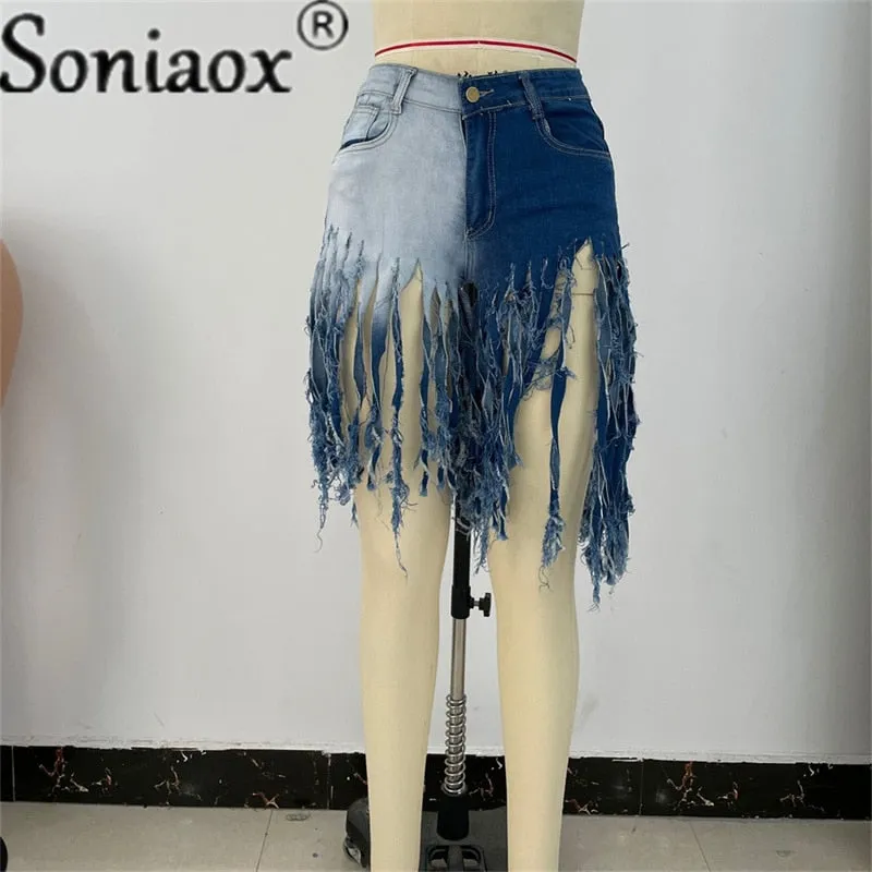 Tassel Denim Shorts Women Summer High Waist Sexy Night Club Rave Short Jeans Ripped Frayed Shorts Streetwear New