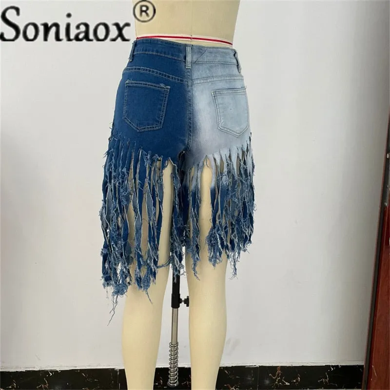 Tassel Denim Shorts Women Summer High Waist Sexy Night Club Rave Short Jeans Ripped Frayed Shorts Streetwear New