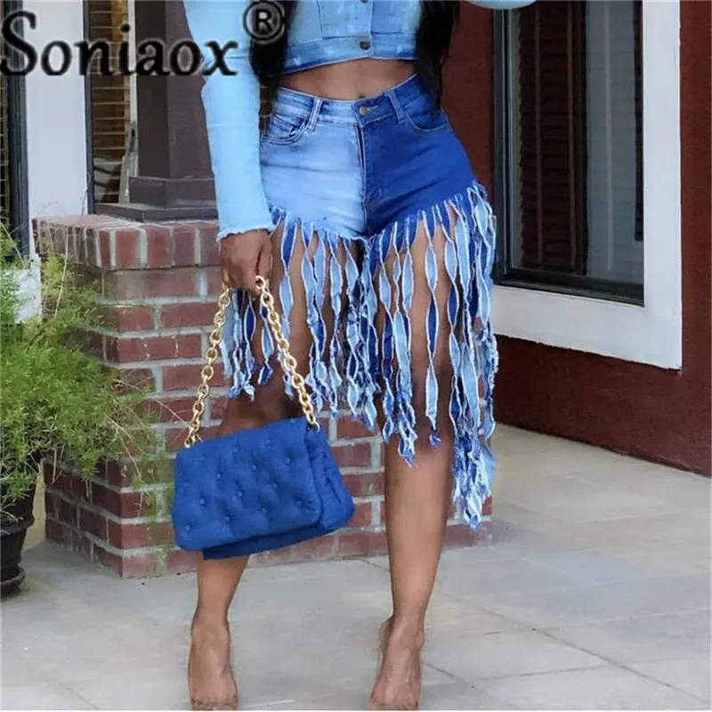 Tassel Denim Shorts Women Summer High Waist Sexy Night Club Rave Short Jeans Ripped Frayed Shorts Streetwear New