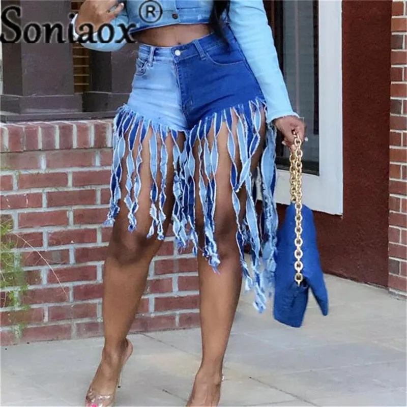 Tassel Denim Shorts Women Summer High Waist Sexy Night Club Rave Short Jeans Ripped Frayed Shorts Streetwear New