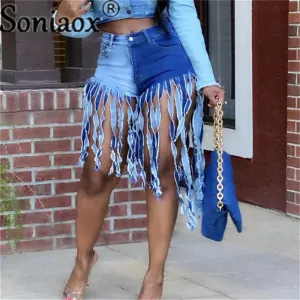 Tassel Denim Shorts Women Summer High Waist Sexy Night Club Rave Short Jeans Ripped Frayed Shorts Streetwear New
