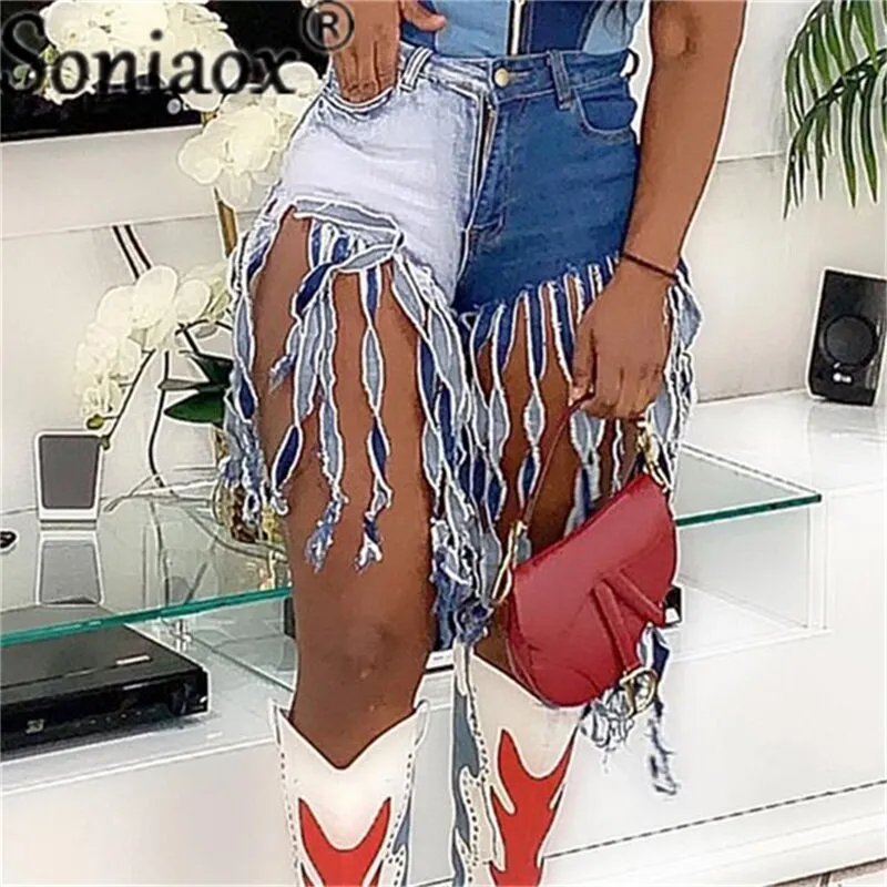 Tassel Denim Shorts Women Summer High Waist Sexy Night Club Rave Short Jeans Ripped Frayed Shorts Streetwear New