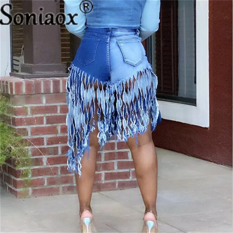 Tassel Denim Shorts Women Summer High Waist Sexy Night Club Rave Short Jeans Ripped Frayed Shorts Streetwear New
