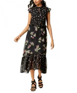 Taylor Women's Mixed-Floral Ruffled Keyhole Midi Dress. 9784M Black 16
