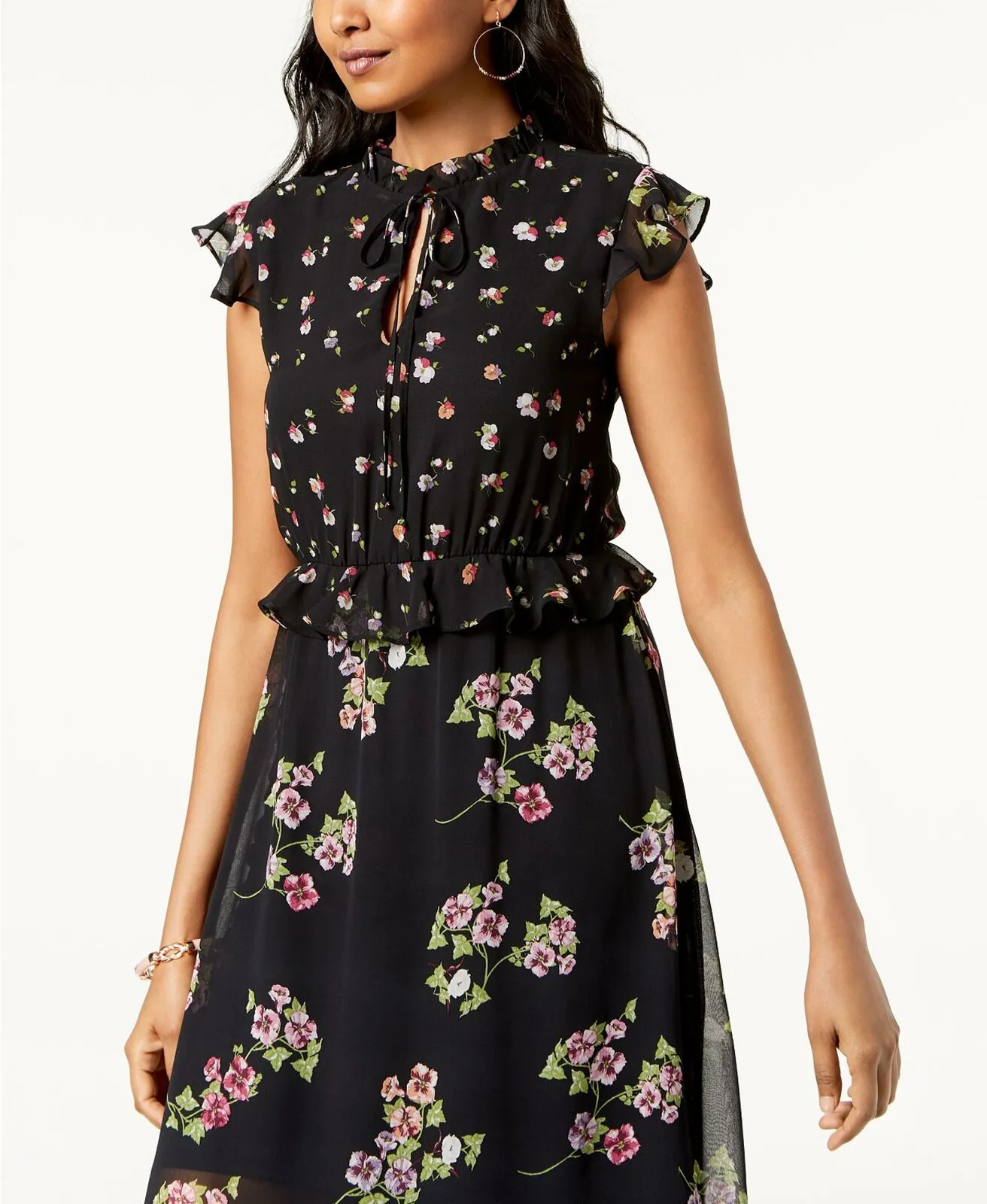 Taylor Women's Mixed-Floral Ruffled Keyhole Midi Dress. 9784M Black 16