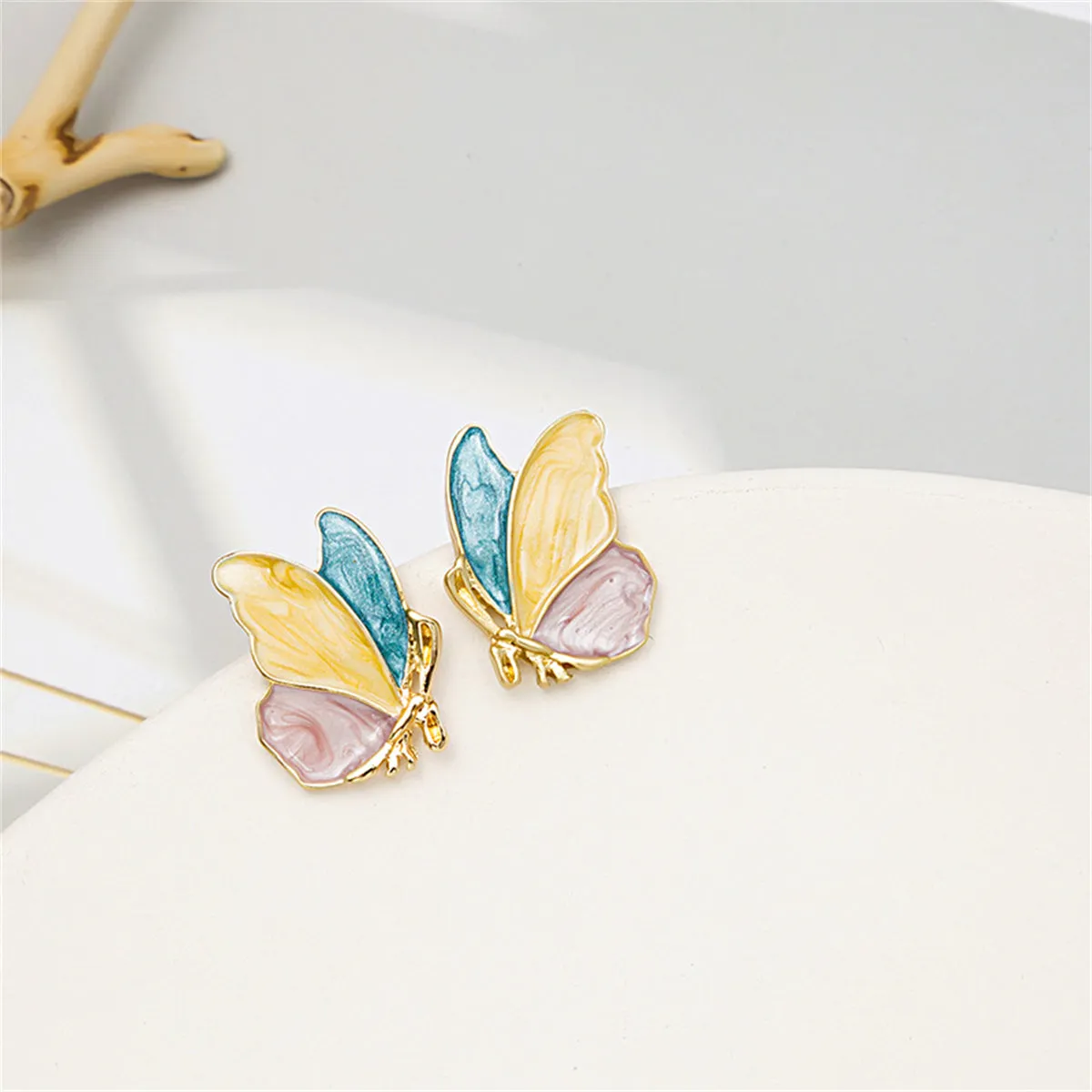 Teal & Yellow Enamel Butterfly Stud Earrings